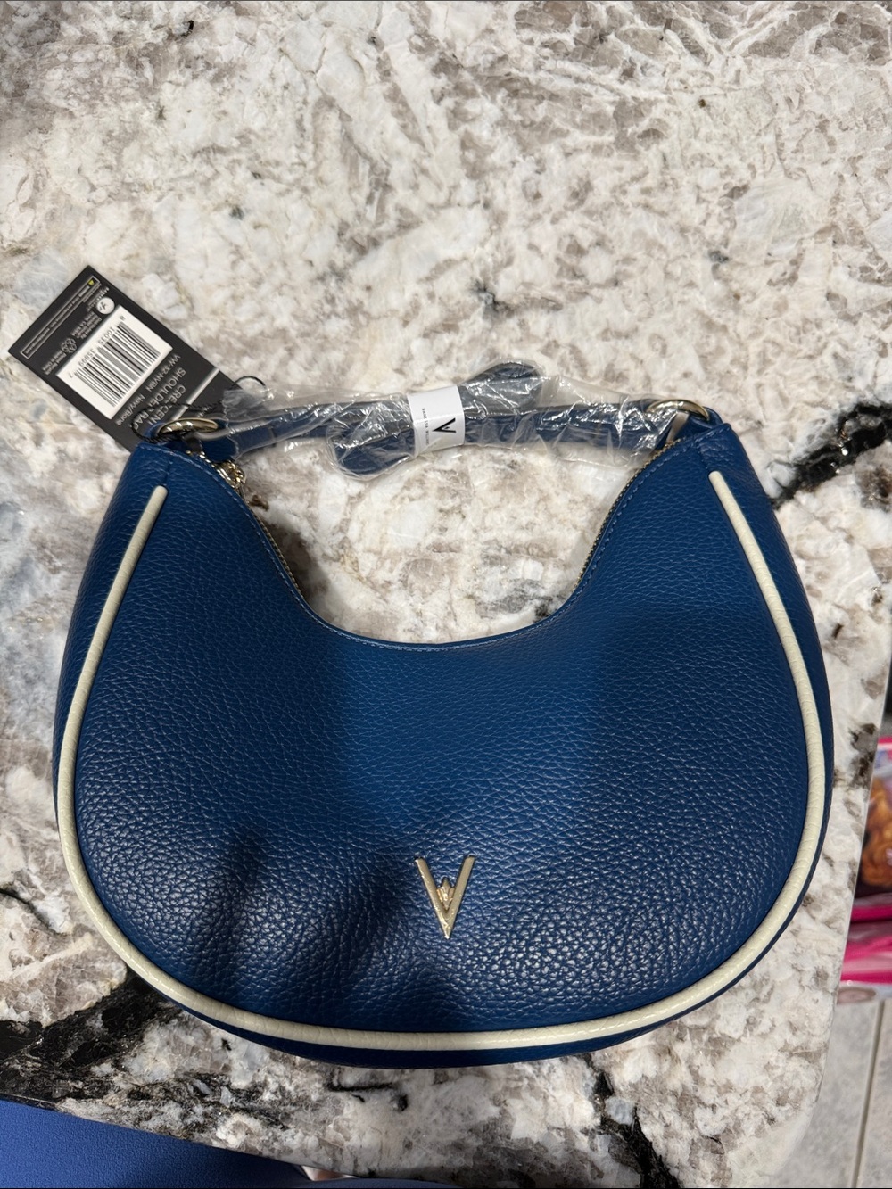 Vanessa Williams Navy Crescent Shoulder Bag with Cream Trim